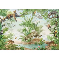 Papier peint chambre d'enfant animaux félin - Panthère, jaguar, puma et singes dans la jungle