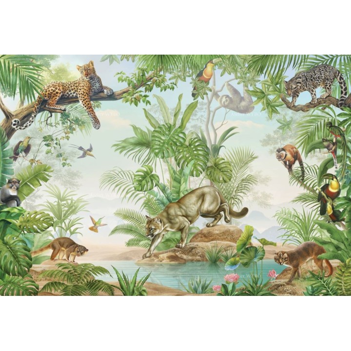 Poster géant chambre enfant plante tropicale panthère puma jaguar singe