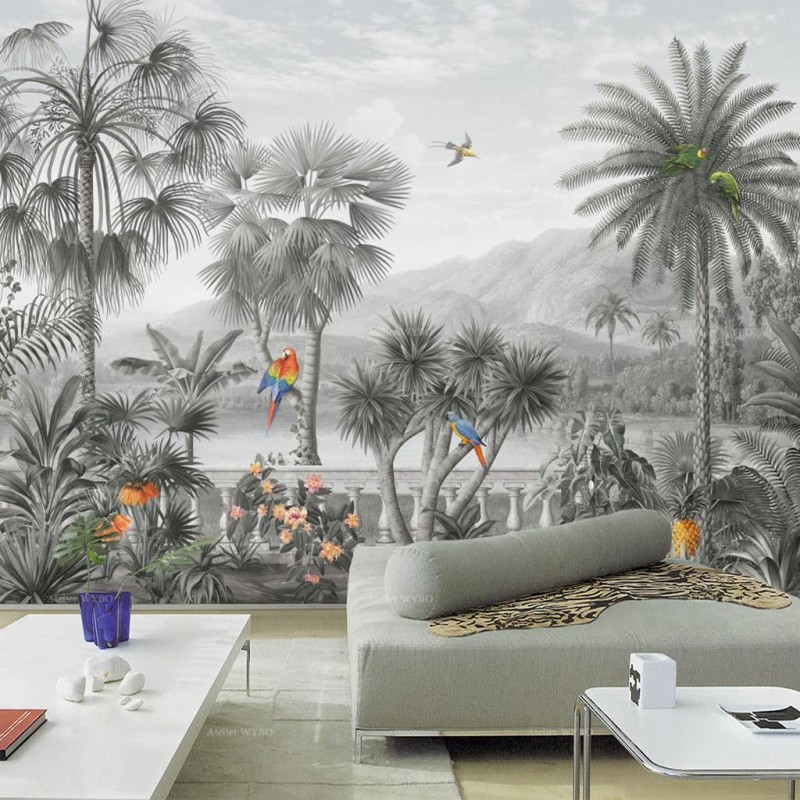 Tapisserie vintage salon séjour fresque jungle d'Amazonie et perroquet, ton gris