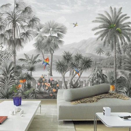 Tapisserie vintage salon séjour fresque jungle d'Amazonie et perroquet, ton gris