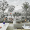 Tapisserie vintage salon séjour fresque jungle d'Amazonie et perroquet, ton gris