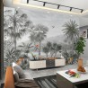 Tapisserie vintage salon séjour fresque jungle d'Amazonie et perroquet, ton gris