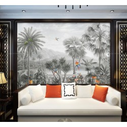 Tapisserie vintage salon séjour fresque jungle d'Amazonie et perroquet, ton gris