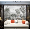 Tapisserie vintage salon séjour fresque jungle d'Amazonie et perroquet, ton gris
