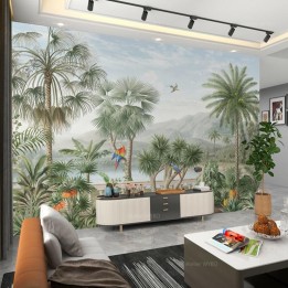Papier peint vintage coloré paysage jungle fresque amazonienne