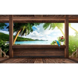 décoration murale trompe l'oeil effet 3D extension d'espace tapisserie vue de la mer depuis la cabane