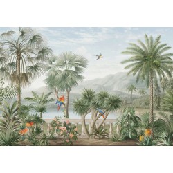 Tapisserie vintage salon séjour fresque jungle d'Amazonie et perroquet, couleur naturelle