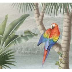 Tapisserie vintage salon séjour fresque jungle d'Amazonie et perroquet, couleur naturelle