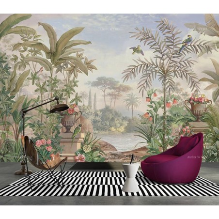 Tableau mural XXL fresque ancienne, jardin tropical, oiseau exotique et perroquet