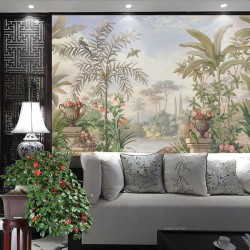 Tableau mural XXL fresque ancienne, jardin tropical, oiseau exotique et perroquet