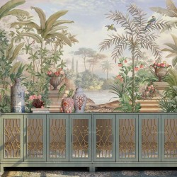 Tableau mural XXL fresque ancienne, jardin tropical, oiseau exotique et perroquet