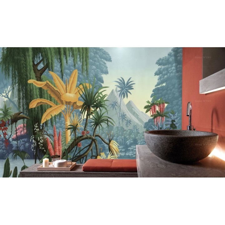 Crédence XXL salle d'eau ambiance jungle, mur de lavabo étanche avec panneau PVC imprimé HD.