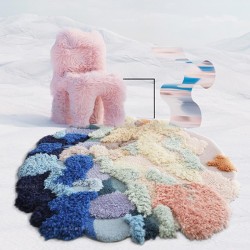 Tapis design contemporain design 3d abstrait, mousse et lichen bleu, orange et pastel.