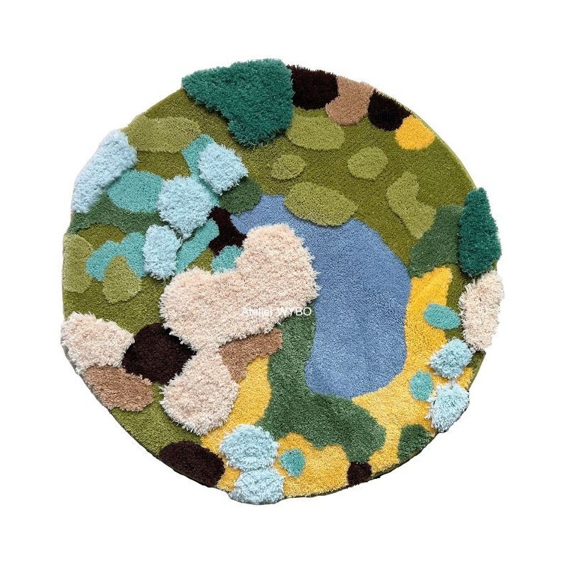 Tapis rond épais en relief lavable machine - Lac bleu entouré de végétation