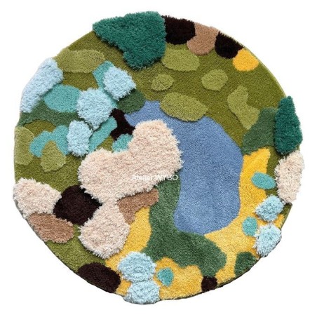 Tapis rond épais en relief lavable machine - Lac bleu entouré de végétation