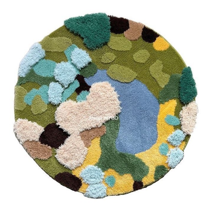 Tapis rond velours épais en relief paysage illustré artistique.