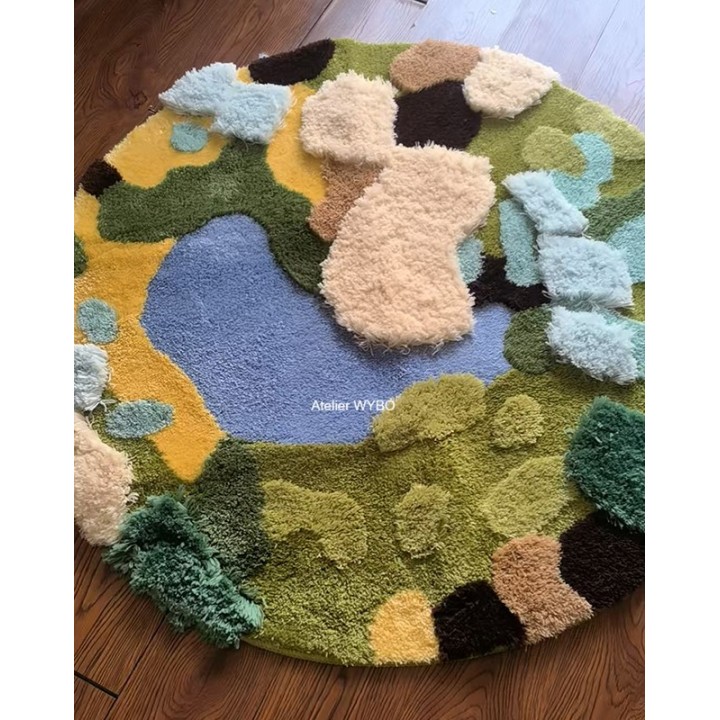 Tapis design 3D illustration nature scène bucolique, pelouse, buisson, lac bleu.