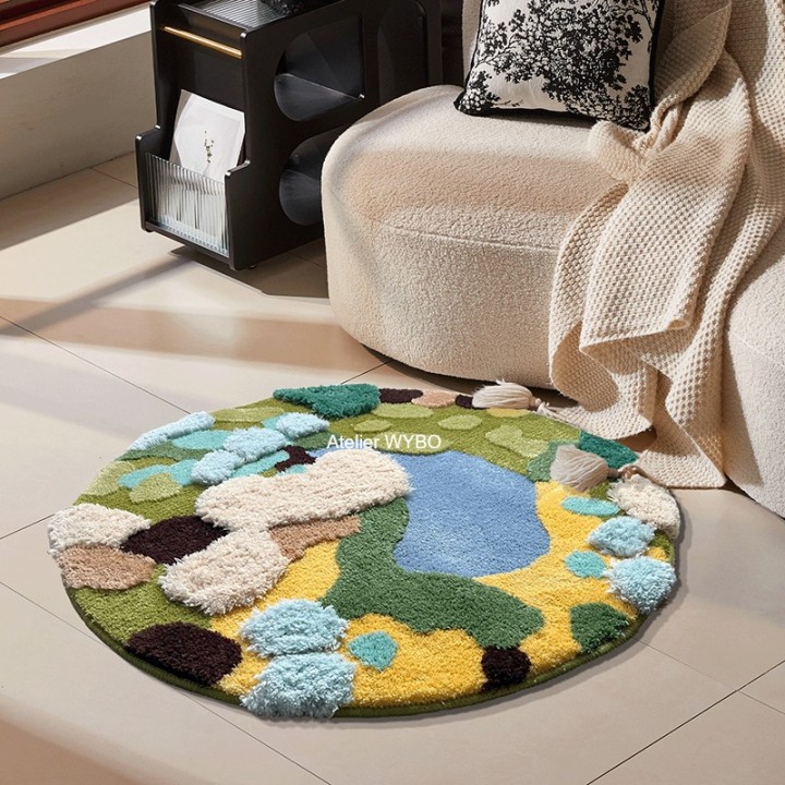 Tapis salon décoratif forme ronde motif panoramique, forêt d'automne et étang bleu.