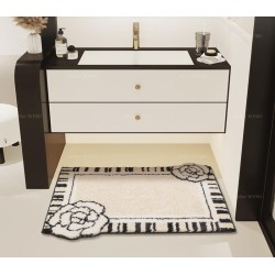 Tapis lavable salle de bain, fleurs de camélia sur fond beige