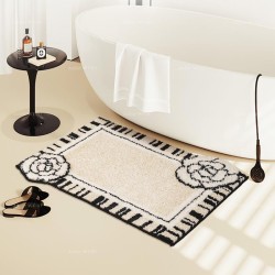 Tapis lavable salle de bain, fleurs de camélia sur fond beige