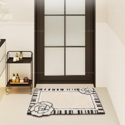 Tapis lavable salle de bain, fleurs de camélia sur fond beige