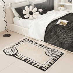 Tapis lavable salle de bain, fleurs de camélia sur fond beige