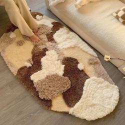 Tapis marron forme libre pour chambre descente de lit, velours épais en relif