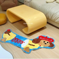 Tapis ludique chambre d'enfant chien à ressort couleur bleu jaune marron rouge.