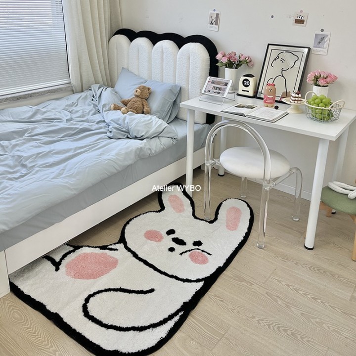 Tapis féerique lapin blanc, descente de lit confortable, lavable à la machine.