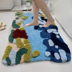 Tapis design graphique sortie du bain, motif abstrait paysage fond marin.