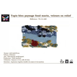 Tapis bleu océan design abstrait coraux et éponge marine, velours épais en relief.