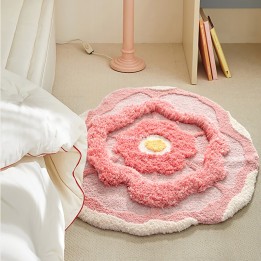 Tapis rond rose en relief, descente de lit moelleux. Déco floral chambre fille ou salle de bain, lavable et antidérapant.