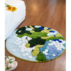Tapis design art moderne paysage nature - Fleurs blanches et bleues sur étang bleu, végétation abondante