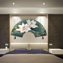 Décoration murale éventail asiatique – Lotus rose et feuilles vertes, chambre zen japonaise.