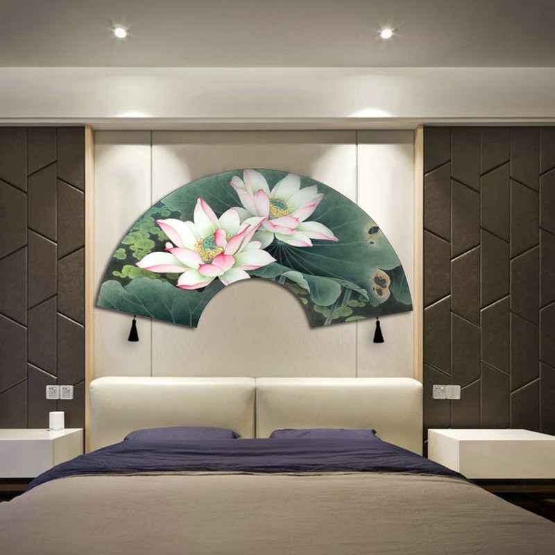Décoration murale éventail asiatique – Lotus rose et feuilles vertes, chambre zen japonaise.
