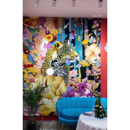Tapis mural design 3D en relief, décoration d'intérieur exotique panthère dans la jungle.