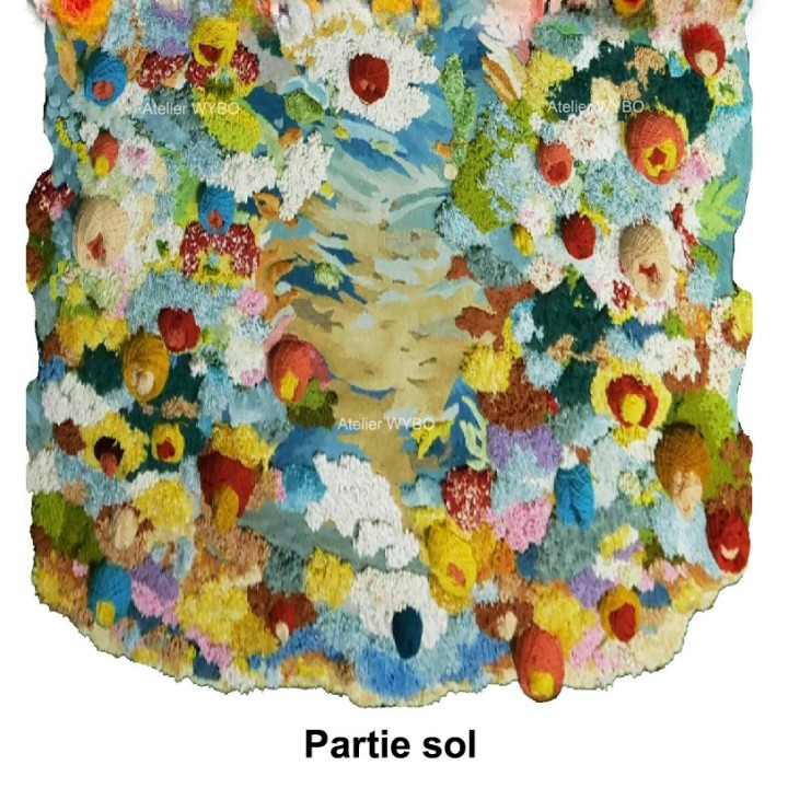 Tapis contemporain en laine, soie et textile haut de gamme, univers fond marin mystérieux.