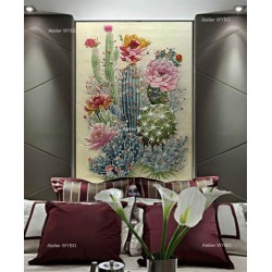 Déco chambre d'hôtel haut de gamme, tapis décoratif motif botanique exclusif cactus et ses fleurs.