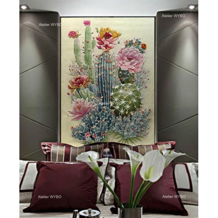 Déco chambre d'hôtel haut de gamme, tapis décoratif motif botanique exclusif cactus et ses fleurs.