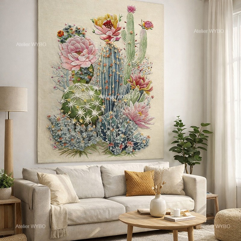 Tapis de luxe thème végétal cactus en floraison, déco séjour lumineux.