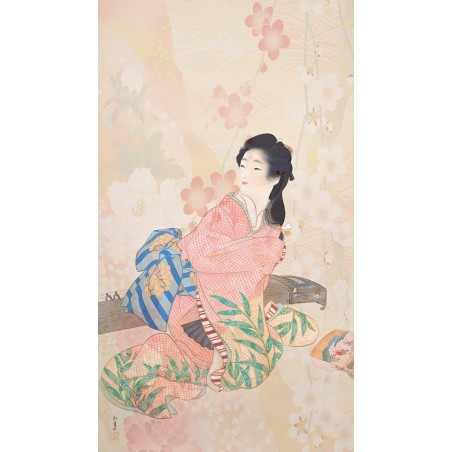 Papier peint japonais - Fille et son instrument de musique à cordes pincées