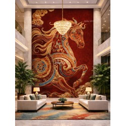 Tapis rouge fait main surface sculptée en relief – Cheval porte bonheur et nuage doré