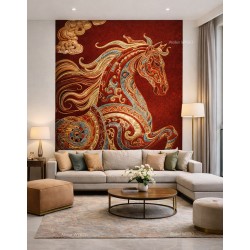 Tapis rouge doré surface sculptée en relief – Le Cheval Auspicieux, Poésie des Nuages