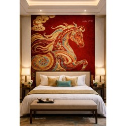 Tapis rouge doré surface sculptée en relief – Le Cheval Auspicieux, Poésie des Nuages