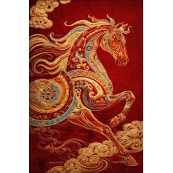 Tapis rouge doré surface sculptée en relief – Le Cheval Auspicieux, Poésie des Nuages