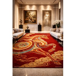 Collection privée dans une galerie d'art, tapis rouge cheval mythique survole dans nuages dorés.