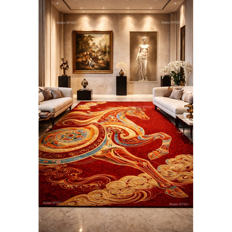 Tapis rouge fait main surface sculptée en relief – Cheval porte bonheur et nuage doré