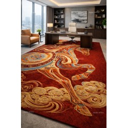 Tapis rouge fait main surface sculptée en relief – Cheval porte bonheur et nuage doré