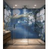 Fresque murale zen salle de bain japonaise - Oiseaux et ceriser dans la nuit Bleue
