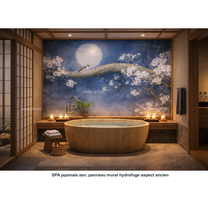 Salle de bain évasion japonaise avec panneau mural panoramique Sakura, entre poésie lunaire et élégance intemporelle.